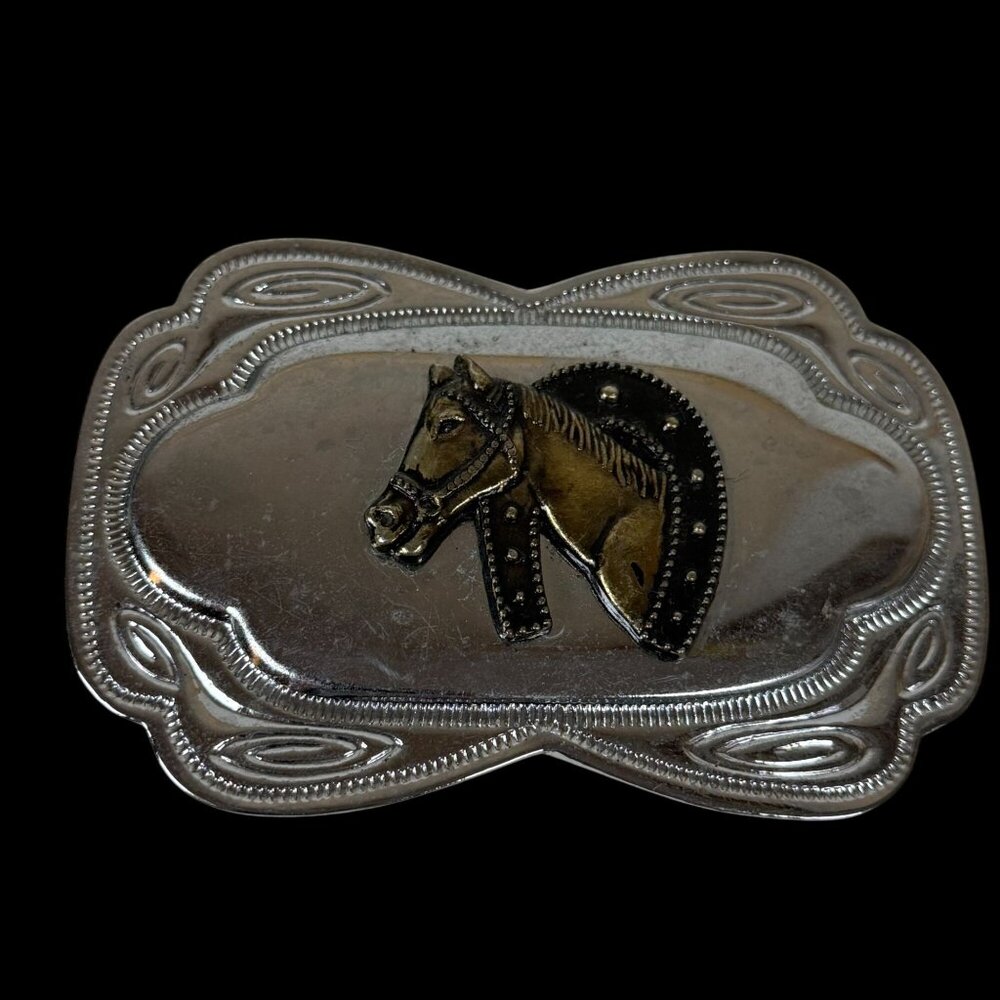 Vintage Silver Tone Western Belt Buckle Horse Horseshoe Country Equestrian Ornat